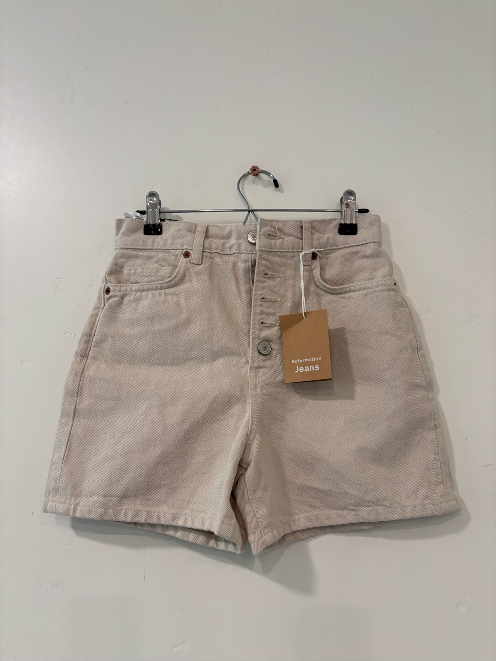 NWT Reformation Denim Shorts Amy Button Fly High Rise Bone Beige Cotton Size 24